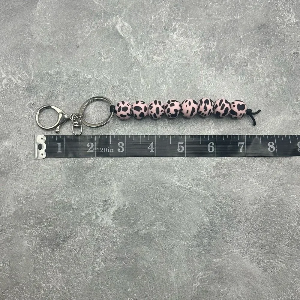 New Handmade Leopard Beaded Keychain Black Pink Round Beads Wristlet Key Ring Ac
